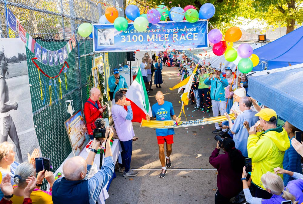 Andrea Marcato crosses the finish line of the 2026 3100 Mile Race